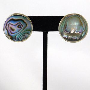 Mexican Pierced Earrings Alpaca Silver Vintage Abalone Shell Retro Paua
